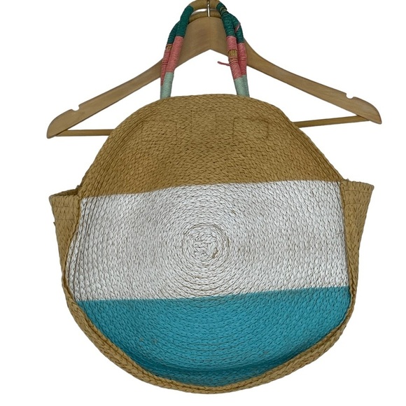 Circle straw rattan weaved bag beach tote white turquoise color striped handles - Picture 5 of 13